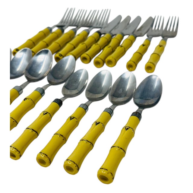Metal Yellow Faux Bamboo Flatware Set, 18-Piece Hampton Silversmiths Cutlery, Mid-Century Modern Dining Decor, Tiki Bar Entertaining For Sale - Image 7 of 10