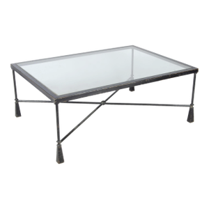 Early 20th Century French Expressionist Rectangular Iron Coffee Table With Glass Top in the Manner of the Giacometti Brothers