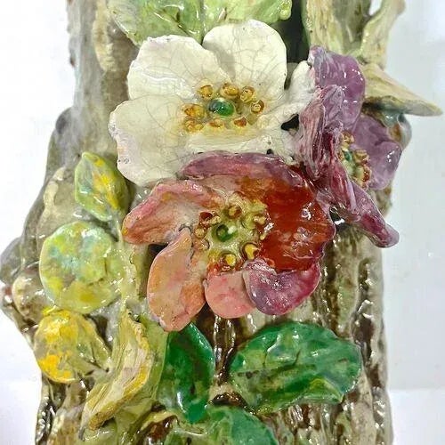 Antique Barbotine Majolica Log Floral Vase For Sale - Image 4 of 5