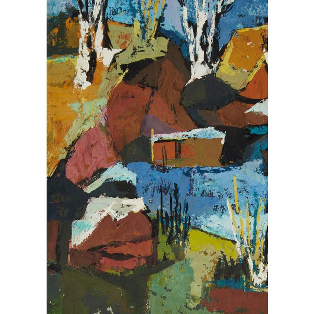 Mid 20th Century MCM Abstract Landscape Acrylic Painting on Mat Board Cubism For Sale - Image 5 of 7