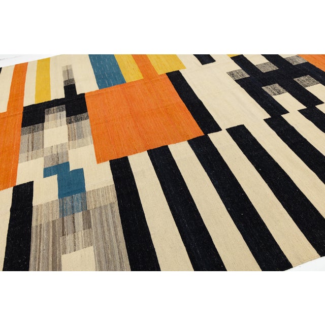 2020s Contemporary Geometric Wool Kilim Rug – Mid-Century Modern Abstract Flat-Weave For Sale - Image 5 of 12