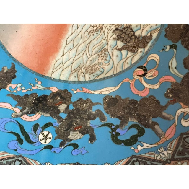 Blue Antique Japanese Meiji Period Cloisonne Charger With Shishi Lion Dogs and Turtle With Hairy Tails For Sale - Image 8 of 12