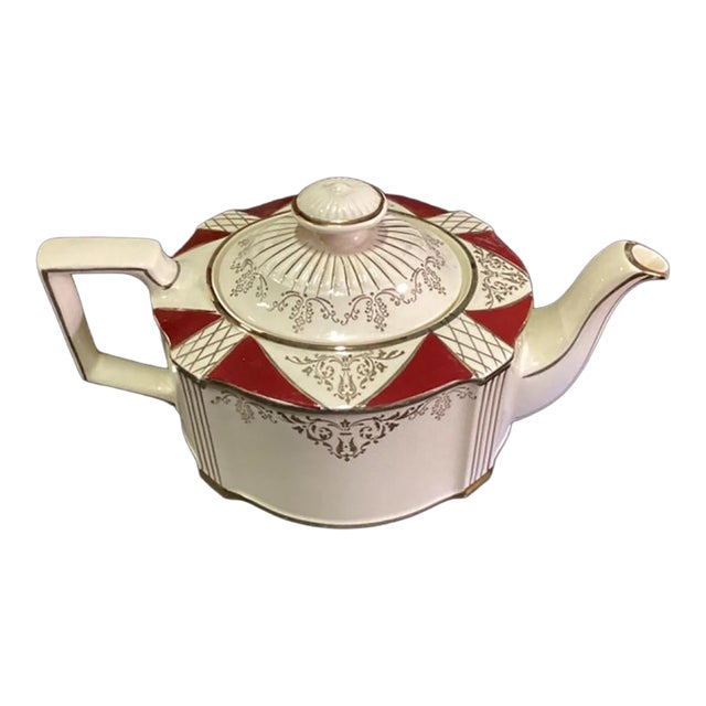 Vintage Sadler England Teapot Red & Gold Floral Pattern Crazed Finish For Sale