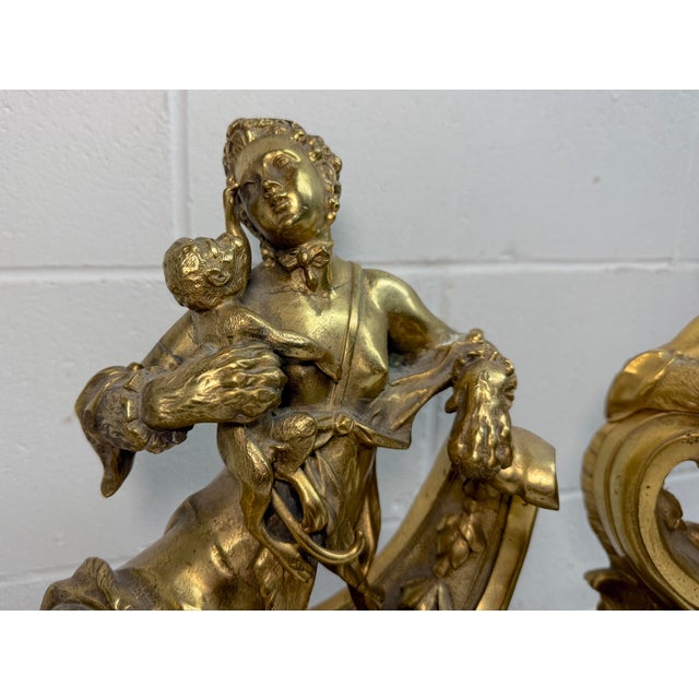 Bronze Antique Heavy Pair of Louis XV Style Gilt Bronze Female Sphinx Chenets Andirons For Sale - Image 8 of 17