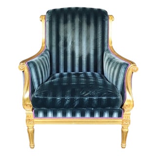 Dennis & Leen Louis XVI Style French Giltwood & Blue Velvet Bergere Arm Chair For Sale