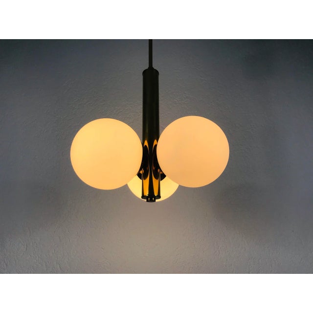 1960s Mid-Century Modern 3-Arm Opaline Glass and Brass Pendant Lamp by Kaiser, Germany For Sale - Image 9 of 10