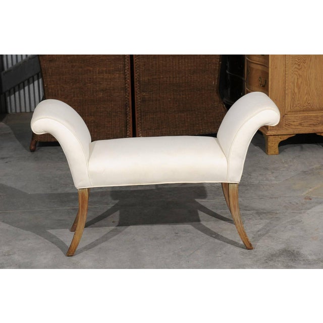 Mid 20th Century English Midcentury Petite Upholstered Bench with Saber Legs and Scrolled Arms For Sale In Atlanta - Image 6 of 6