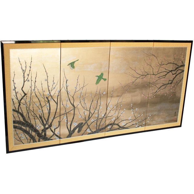 Beautiful Japanese painted 4-panel byobu (folding screen) depicts Blossoming Sakura and two Mejiro Birds (Japanese White-...