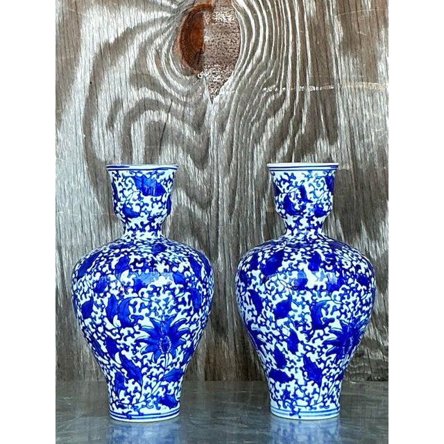 Vintage Asian Blue and White Leaves Vases - A Pair For Sale - Image 4 of 8