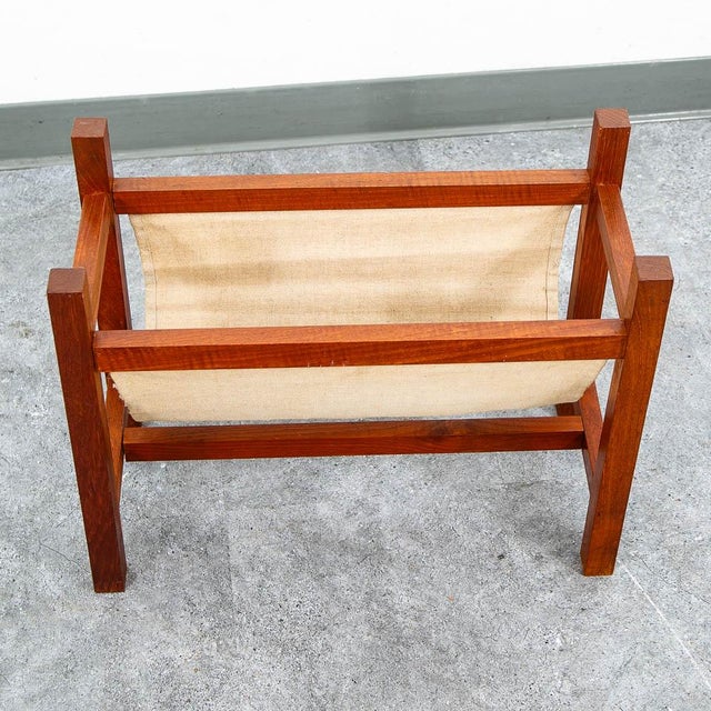 Mid-Century Modern Mid Century Modern Magazine Rack Danish Canvas Sling Teak Vintage Tan Brown For Sale - Image 3 of 10