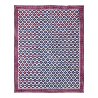 Mid 20th Century Very Large Vintage Cotton Dhurrie With Geometric Diamond Motifs in Blue, Red & Cream For Sale