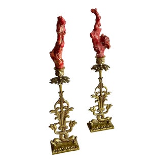 Brass and Marble Dolphins With Faux Red Coral For Sale