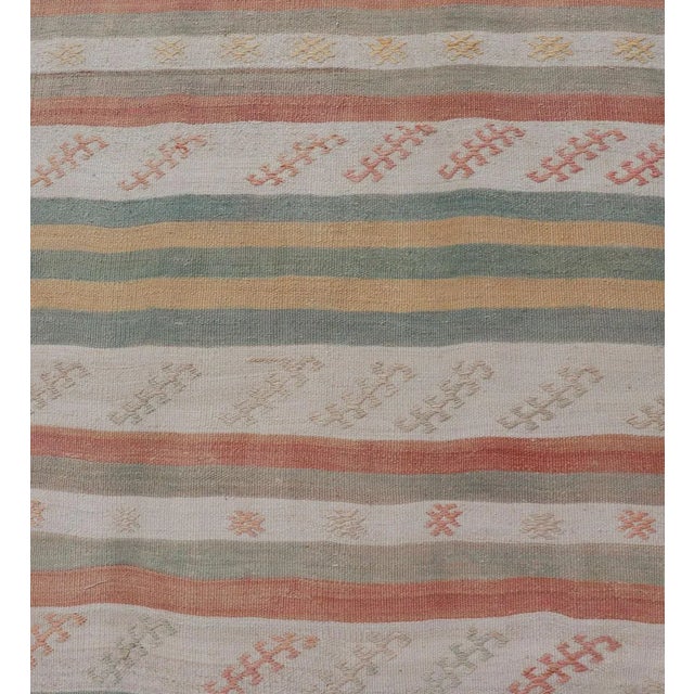 Cream Mid 20th Century Vintage Turkish Kilim Runner With Stripes in Cream Lt Green Coral & Yellow For Sale - Image 8 of 11