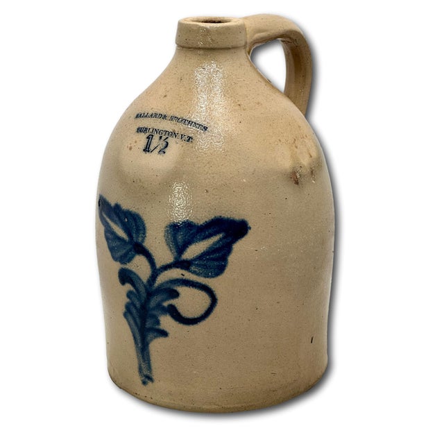 Mid 19th Century Excellent & Unsusal 1 1/2 Gallon Size Antique American Blue Flower Decorated Stoneware Jug From Vermont Circa 1870s For Sale - Image 5 of 18