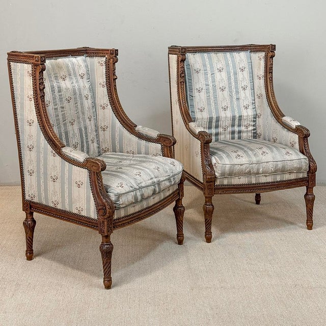 French Pair 19th Century French Louis XVI Walnut Bergères ~ Armchairs For Sale - Image 3 of 17