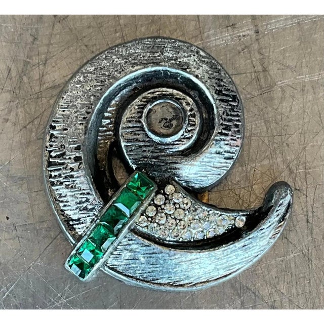 Vintage Silver Spiral Brooch With Green Detail For Sale - Image 4 of 12