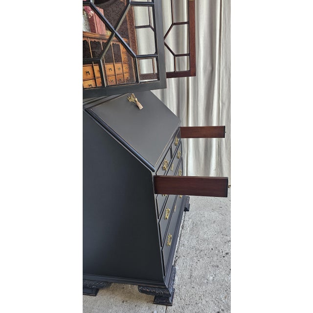 1940s 1940s Black Chippendale Style Secretary Desk/ Secretary Hutch, 2 Piece Cabinet For Sale - Image 5 of 17