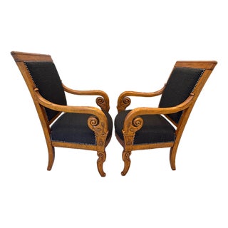 Antique 19th C Biedermeier Armchairs in Walnut & Black Boucle - A Pair For Sale