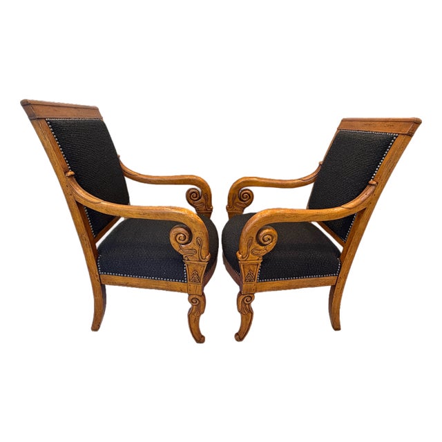 Antique 19th C Biedermeier Armchairs in Walnut & Black Boucle - A Pair For Sale