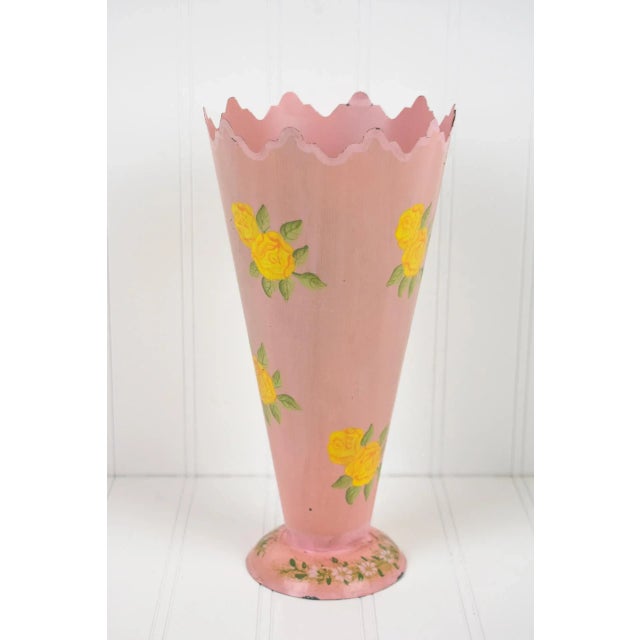 Vintage 1960's Pink With Yellow Flowers Metal Tin Vase For Sale - Image 4 of 12