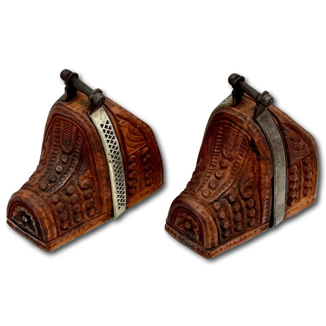 Outstanding Original Pair of Antique Spanish Colonial Hand Carved Wood & Wrought Iron Bedoya Stirrups - Circa 1800s For Sale - Image 12 of 18