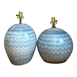 Vintage Blue Glazed Ceramic Table Lamps - Set of 2 For Sale