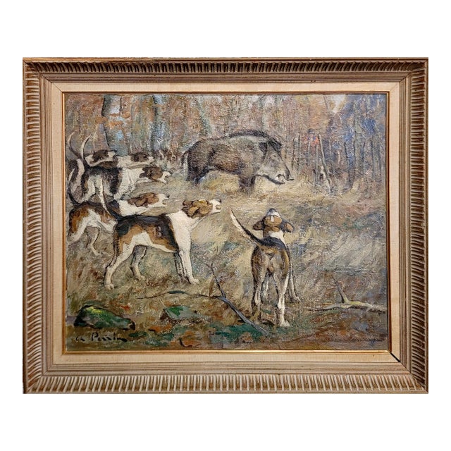 Charles Perrin-Wild Boar Hunting With Dogs -1920s Sporting Oil Painting For Sale