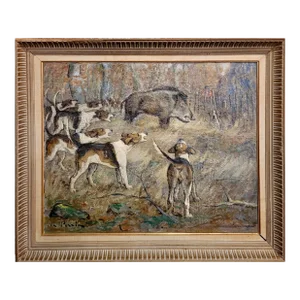 Charles Perrin-Wild Boar Hunting With Dogs -1920s Sporting Oil Painting