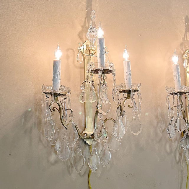 Metal Pair of Timeless Solid Brass & Cut Crystal Wall Sconces For Sale - Image 7 of 18