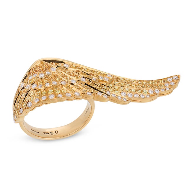 1990s 1990s Garrard Yellow Sapphire Diamond 18k Yellow Gold Wings Ring, Size 6 For Sale - Image 5 of 8