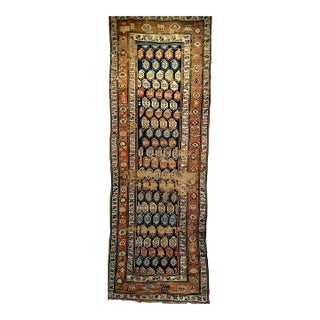 Vintage Persian Kurdish Runner Rug, Hand-Knotted Wool, All-Over Paisley Pattern, Blue & Green, 4x10 For Sale