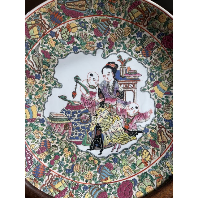 White Late 20th Century Chinese Famille Rose Porcelain Decorative Plate With Figural Scene For Sale - Image 8 of 9
