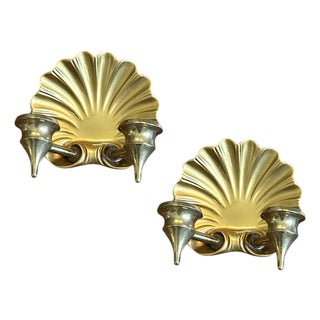 Vintage Brass Shell Candle Sconces / Holders, a Pair For Sale