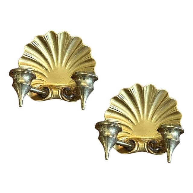 Vintage Brass Shell Candle Sconces / Holders, a Pair For Sale