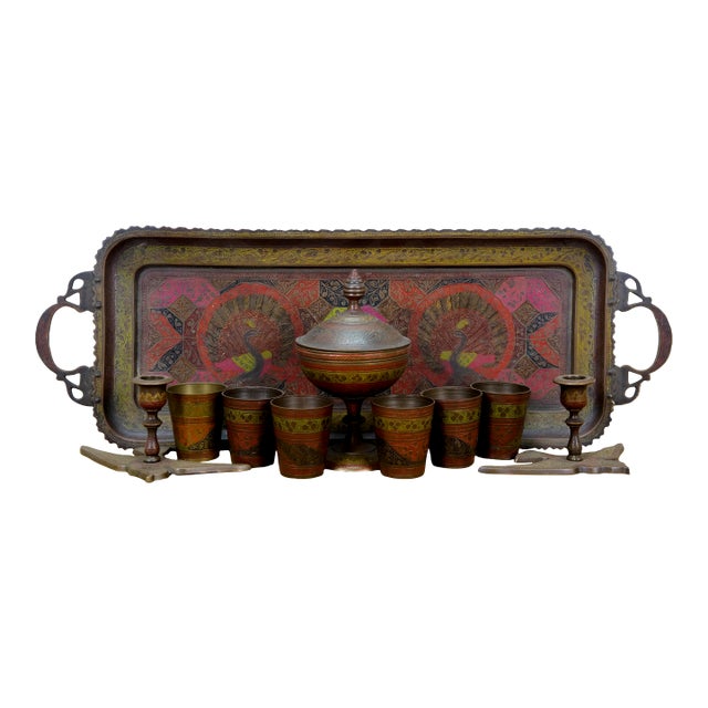 Mid 20th Century Indian Etched Brass Peacock Bird Bar Tray, Cups, Tophy Urn & Candlesticks Set- 10 Pieces For Sale