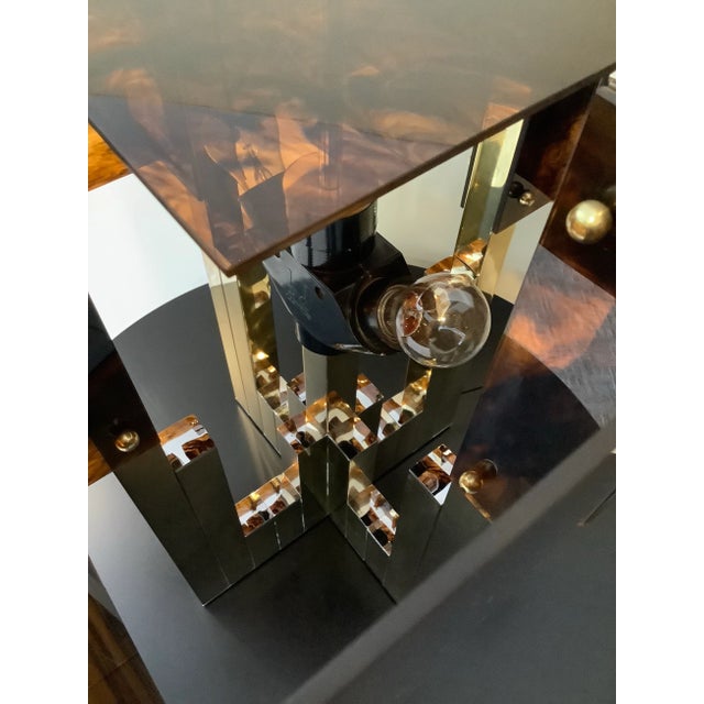 Metal Midcentury Willy Rizzo for Lumica Bd Tortoise or Wood Design Lucite Shade Lamp For Sale - Image 7 of 12