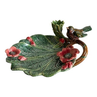 19th Century Majolica Multicolor Floral Bird Platter For Sale