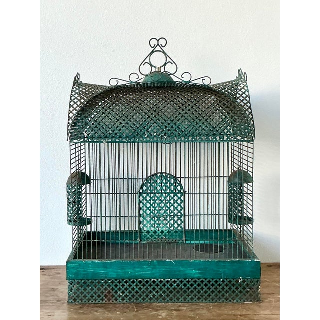 Vintage Boho Punch Cut Metal Bird Cage For Sale - Image 9 of 9