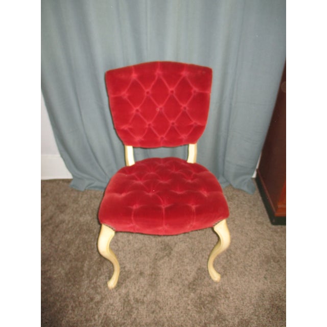This is a Gorgeous Vintage 1950s French Provincial Wood Side Chair with Cabriole Legs and a Tufted Red Velvet Back and...