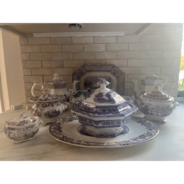 Ceramic Antique Purple Transferware Sugar Bowl With Lilies and Rosebud Finial For Sale - Image 7 of 8