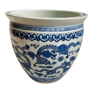 Vintage Blue and White Extra Large Chinese Dragon Chinoiserie Porcelain Fishbowl Jardiniere Planter