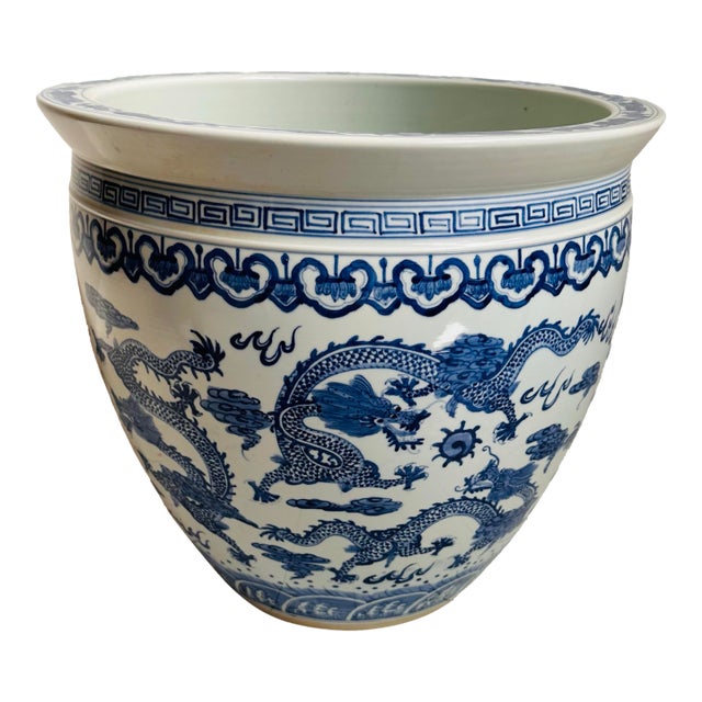 Vintage Extra Large Blue and White Chinese Dragon Chinoiserie Porcelain Fishbowl Jardiniere Planter For Sale