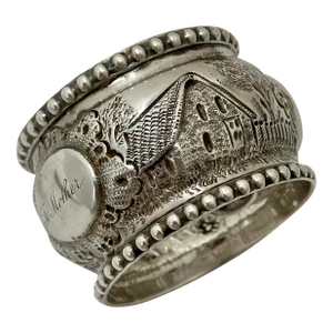 Outstanding 1860s Antique Completely Hand Made Bold Repousse Scenic American Coin Silver Napkin Ring "To Mother"