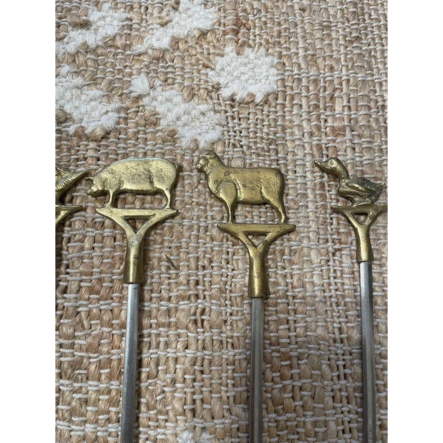 Brass Vintage Brass Animal Top Skewers Set of 7 Brass & Steel For Sale - Image 8 of 11
