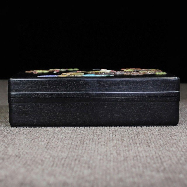 Vintage Chinese Rosewood Box | Mother-of-Pearl & Gemstone Inlaid Crane & Pine Motif For Sale - Image 4 of 9