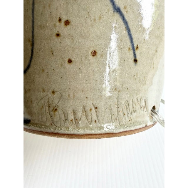 Vintage 1988 Signed Pottery Crock Table Lamp, Cobalt Blue Leaves & Details With Ear Handles For Sale - Image 12 of 18