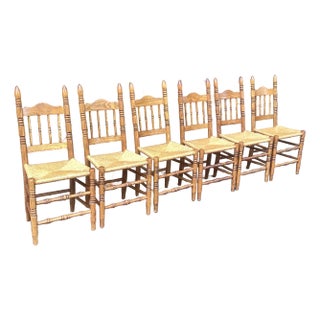 Late 20th Century Set of 6 Oak Spindle Back Dining Chairs With Rush Seats For Sale