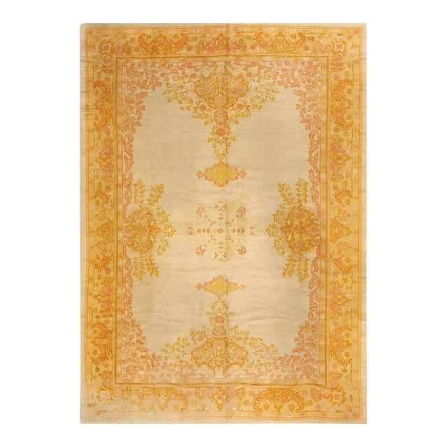 Stunning Ivory Field Color Intricate Geometric Design Antique Oushak Turkish Rug For Sale