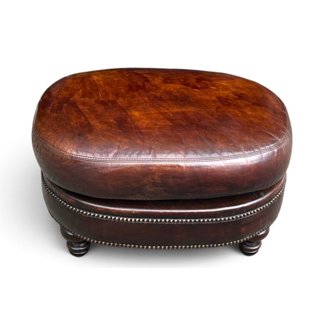Wood Vintage Oval Brown Leather Ottoman With Brass Nailhead Trim and Carved Wood Feet For Sale - Image 7 of 9