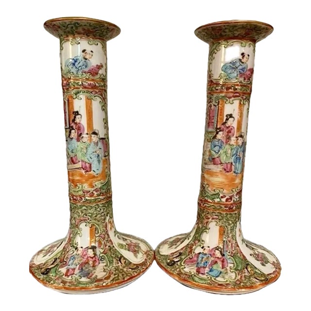 Pair of Antique Rose Medallion Candlesticks, Circa 1860 For Sale